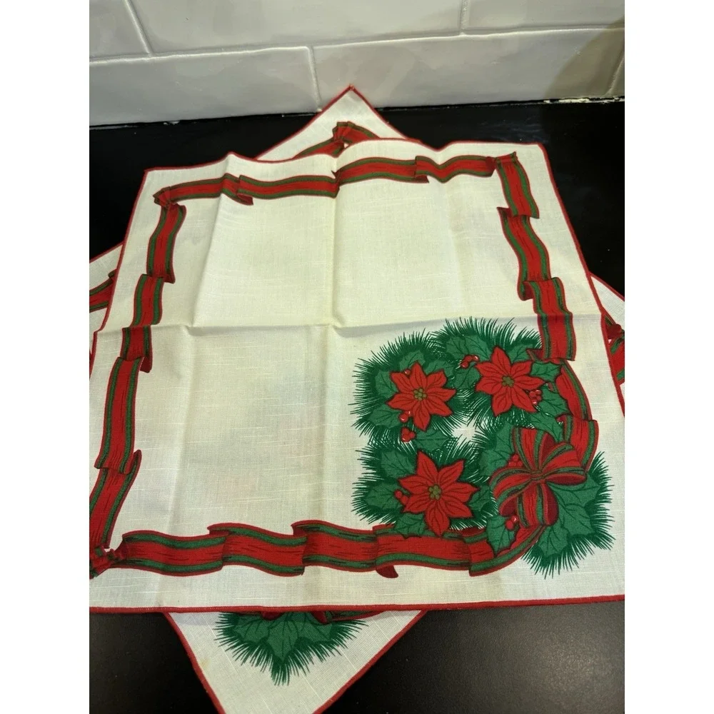 Poinsettia Holly Napkins Christmas Flower Red Green Set Of 3 Vintage‎ Brazil